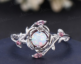 Rose Flower White Opal Engagement Ring Sterling Silver Leaf Ring with Pink Tourmaline, October Birthstone Floral Promise Ring Gift for Women