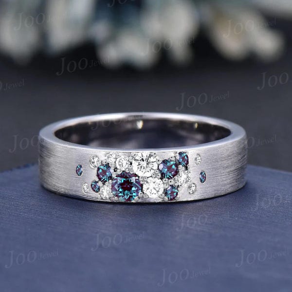 Sterling Silver Color-Change Alexandrite Moissanite Band Ring for Fiancée Women Snowdrift Ring Gothic 6MM Brushed Finish Men Engagement Ring