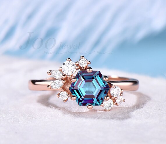 Hexagon Cut Alexandrite Ring Vintage Flower Cluster Moissanite - Etsy