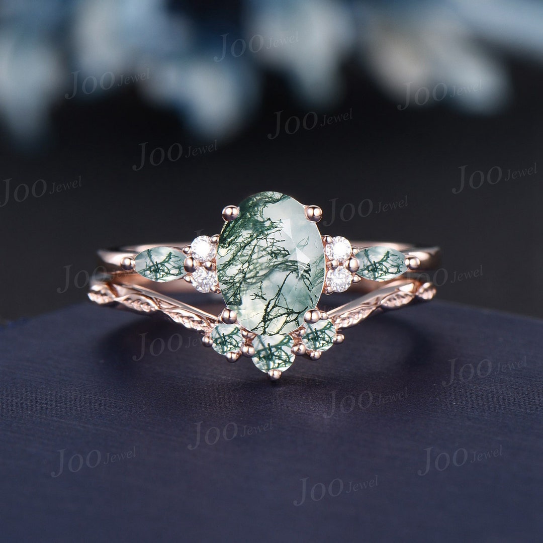 1.5ct Oval Moss Agate Ring Nature Inspired Engagement Ring Set Green ...