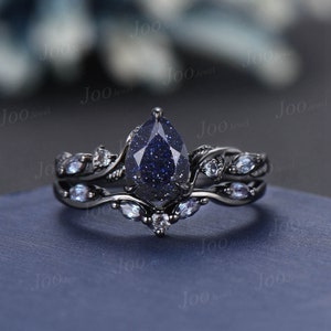 1.25ct Nature Inspired Pear Galaxy Blue Sandstone Amethyst Bridal Set Unique Twig Vine Teardrop Blue Goldstone Black Gold Wedding Ring Set Alexandrite