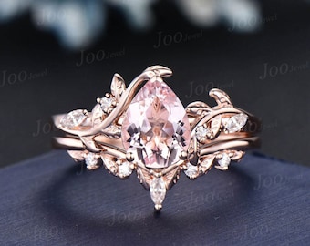 Pear Cut Natural Pink Morganite Diamond Leaf Engagement Ring Set 14K Rose Gold Branch Nature Inspired Real Diamond Morganite Wedding Ring