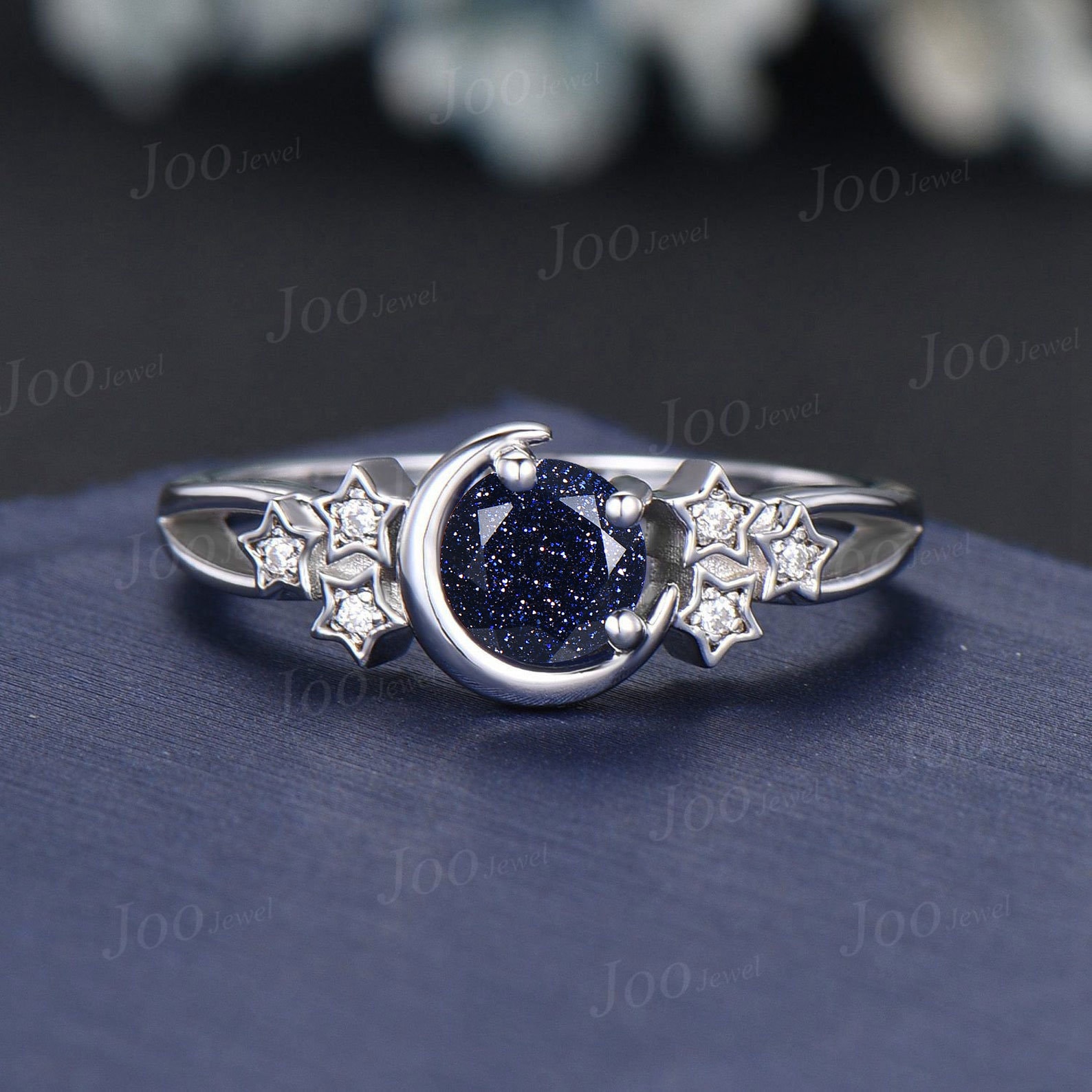 Crescent Moon Star Galaxy Blue Goldstone Wedding Ring Vintage 