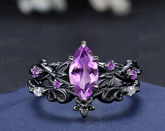 Marquise Cut Natural Amethyst Leaf Engagement Ring ,2Pcs Black Gold Bridal Set, Floral Wedding Ring Band, February Birthstone Gift for Women