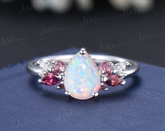 White Opal Ring 10K/14K/18K Rose Gold Opal Cluster Engagement Ring Real Pink Tourmaline Wedding Ring October Birthstone Jewelry Gift Women