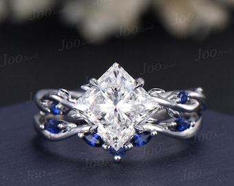 Princess Cut VVS2 Lab Grown Diamond Engagement Ring Set with IGI Twig Vine Wedding Ring 14K White Gold Diamond Blue Sapphire Bridal Ring