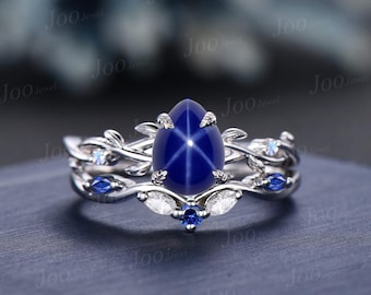 1.25CT Pear Blue Lindy Star Sapphire Engagement Ring Set White Gold Twig Vine Wedding Ring Blue Sapphire Accent Nature Bridal Ring for Women