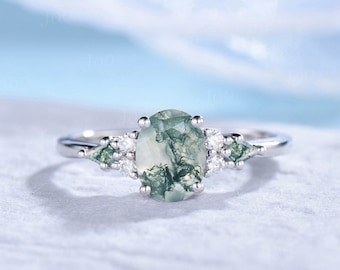 1.5ct Oval Natural Moss Agate Engagement Rings Sterling Silver Cluster Kite Aquatic Agate Promise Ring Moissanite Wedding Ring Unique Gifts