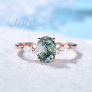 1,5 CT ovale natuurlijke groene mos Agaat verlovingsring Rose Gold Cluster aquatische Agaat belofte ring vrouw Marquise Cut CZ Diamond trouwring