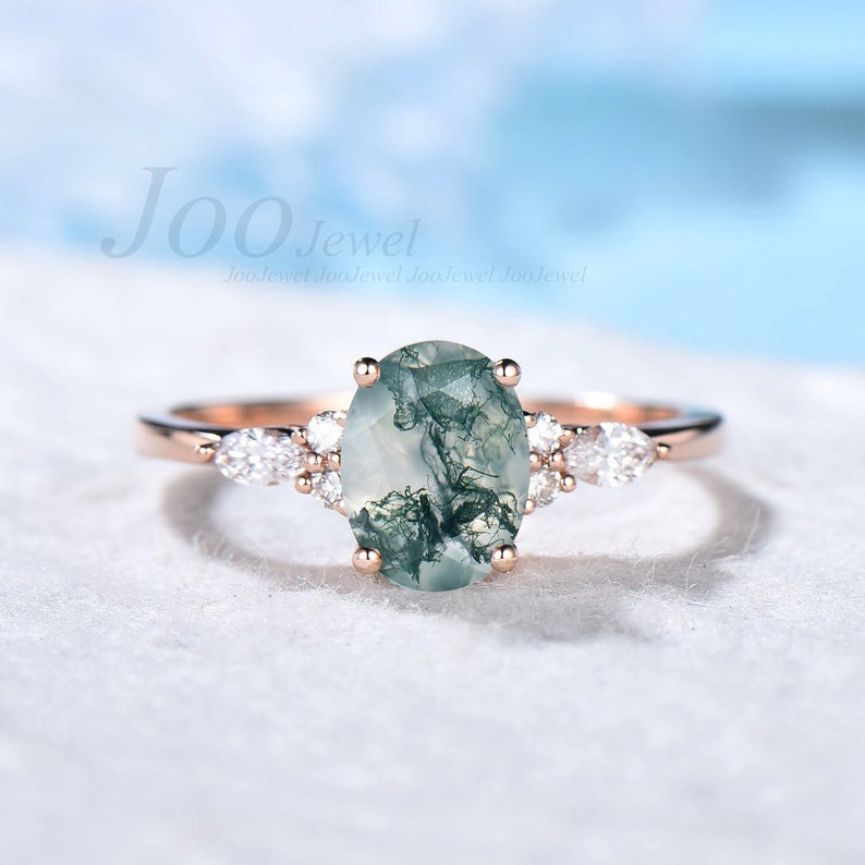 Oval Natural Green Moss Agate Engagement Ring Rose Gold Cluster Aquatic Agate Promise Ring