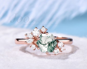 Hexagon Moss Agate Ring Vintage Green Moss Agate Engagement Ring Rose Gold Cluster Engagement Ring Unique Moissanite Wedding Ring For Women