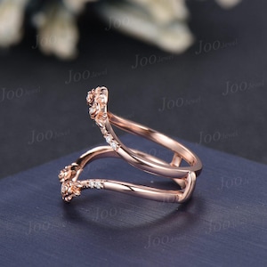 Double Curved Wedding Band 10K Solid Gold leaf Flower Enhancer Wedding Ring Guard for Women Unique Stackable Chevron Band Anniversary Gifts image 9