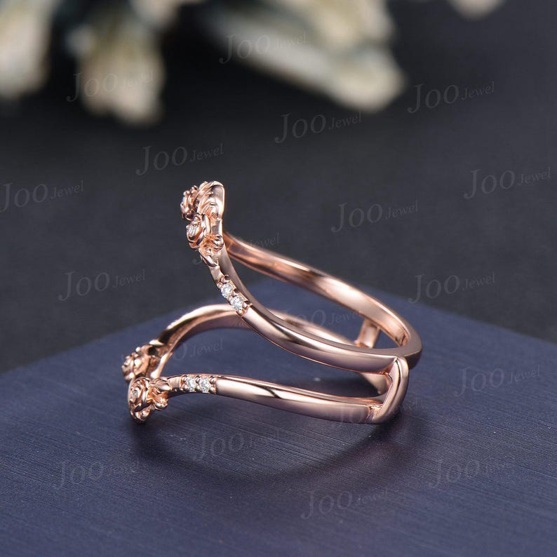 Double Curved Wedding Band 10K Solid Gold leaf Flower Enhancer Wedding Ring Guard for Women Unique Stackable Chevron Band Anniversary Gifts image 9