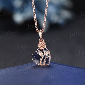 6.5mm Rose Flower Galaxy Blue Sandstone Pendant Necklace Heart Cut Bridal Drop Necklaces 14K Rose Gold Nature Inspired Dainty Floral Jewelry
