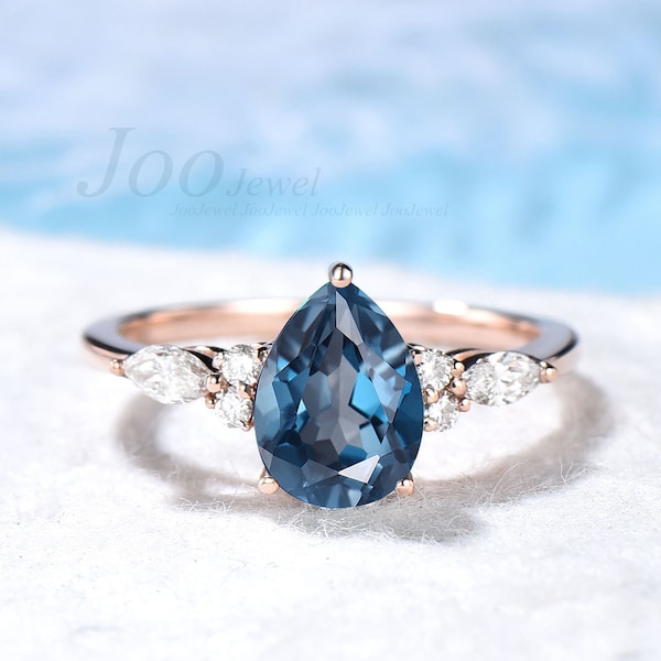 Nature London Blue Topaz Ring Sterling Silver Pear Topaz Engagement Ring December Birthstone Dainty Teardrop Ring Anniversary Gift for Women
