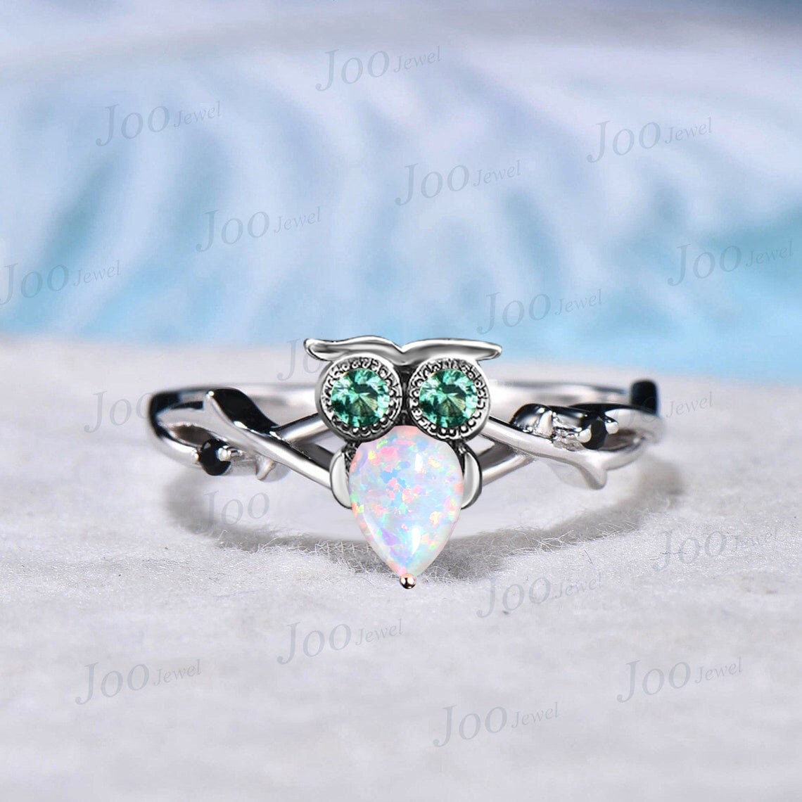 Owl Twig Vine Engagement Ring 14K White Gold Art Deco Nature Inspired Green Emerald Opal Wedding Rin