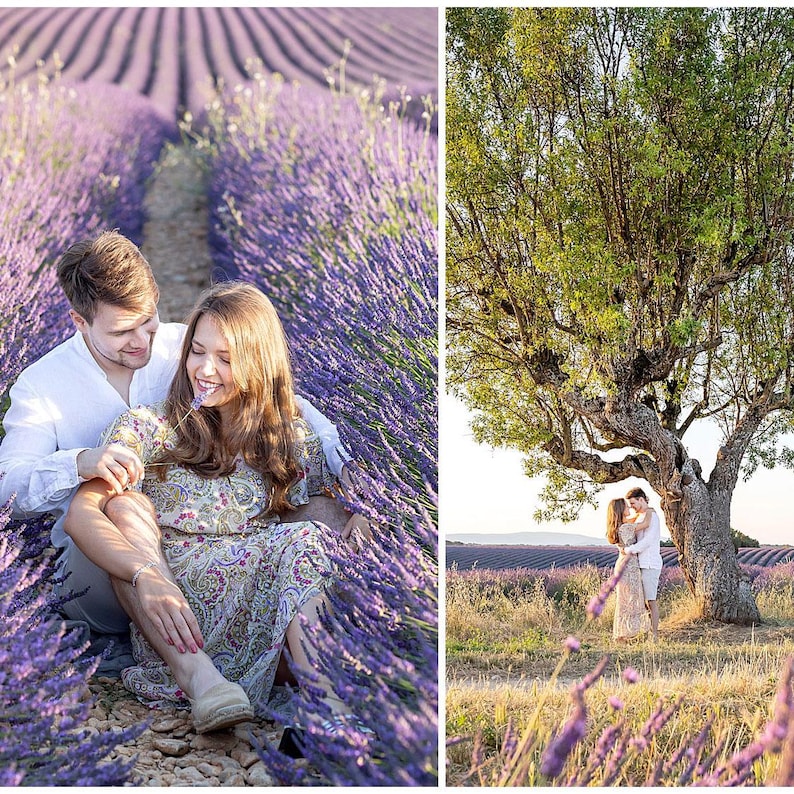 Puede incluir: Dos im&aacute;genes muestran a una pareja en un campo de lavanda. En la primera imagen, la pareja est&aacute; sentada en la lavanda, con la mujer sosteniendo un tallo. La segunda imagen muestra a la pareja abraz&aacute;ndose bajo un gran &aacute;rbol, con el campo de lavanda al fondo.