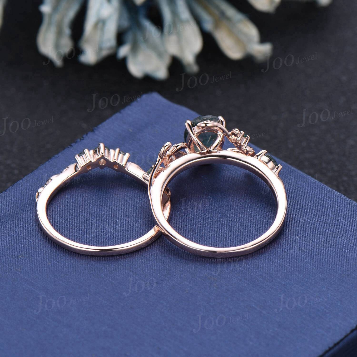 1.5ct Oval Cut Natural Green Moss Agate Emerald Bridal Ring Set