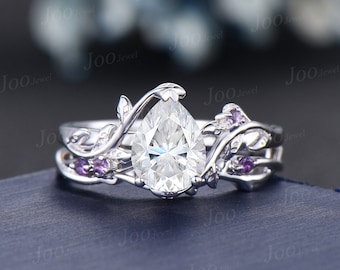 1.25ct Nature Inspired Moissanite Ring Set Pear Shaped Moissanite Promise Ring Leaf Vine Ring Set Twig Amethyst Ring Unique Anniversary Gift