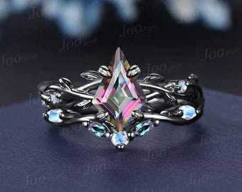 Zwart goud regenboog Mystic Topaz Maansteen trouwring set Kite Cut Mystic Topaz bruidsset unieke Art Deco Alexandrite Twig Vine Leaf Ring