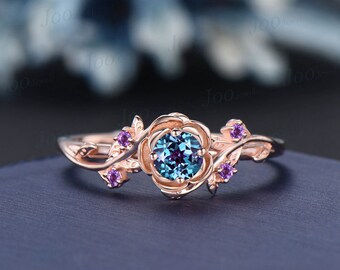 Rose Flower Alexandrite Engagement Rings 5mm Round Color-Change Alexandrite Amethyst Wedding Ring Nature Inspired Leaf Floral Promise Ring