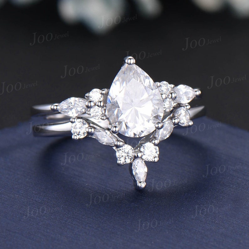 Pear Lab Grown Diamond Engagement Ring Set With IGI Certificate Vintage Diamond Ring Set Marquise Moissanite Ring Unique Diamond Bridal Set image 7