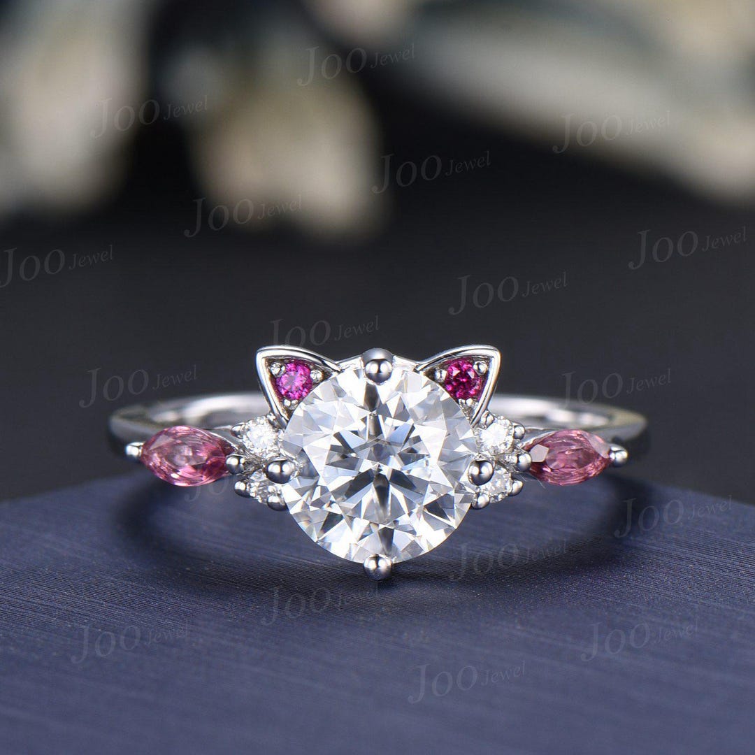 1.2ct Round Cut Moissanite Diamond Cat Engagement Ring With Pink ...