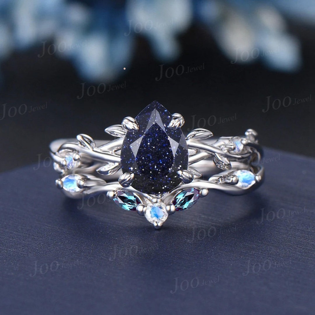 1.25ct Nature Inspired Pear Galaxy Blue Sandstone Moonstone Bridal Set ...