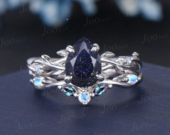 1.25ct Nature Inspired Pear Galaxy Blue Sandstone Moonstone Bridal Set Unique Twig Vine Teardrop Blue Goldstone Alexandrite Wedding Ring