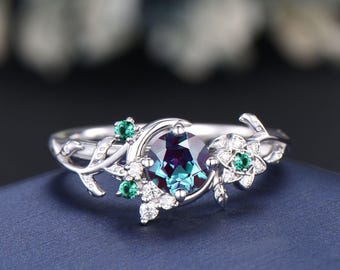 Maanblad alexandriet ring sterlingzilver vintage cluster smaragd ring natuur verlovingsring gepersonaliseerde juni geboortesteen cadeaus voor vrouwen