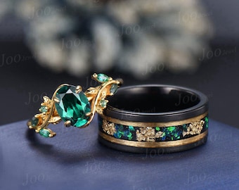 Anillo de pareja con esmeralda verde y hoja de oro de meteorito - Alianza de boda para él y para ella - Conjunto de anillos de oro - Anillo de promesa vintage único con motivos de la naturaleza para parejas