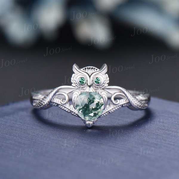 Unique Branch Twig Vine Owl Engagement Ring 5mm Round Natural Green Moss Agate Emerald Wedding Ring Cute Owl Antique Nature Inspired Jewelry