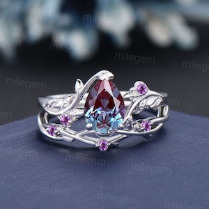 1.25ct Pear Shaped Alexandrite Ring Nature Inspired Alexandrite Promise Ring Leaf Vine Ring Set Twig Amethyst Ring Unique Anniversary Gifts