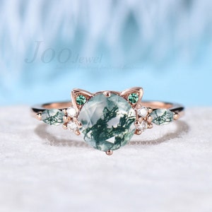 Cat Engagement Ring Vintage 1.2ct Natural Moss Agate Emerald Cat Cut Promise Wedding Ring Peekaboo Kitten Green Gemstone Gifts for Cat Lover