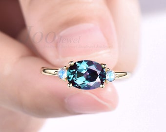 Oval Alexandrite engagement ring three stone vintage unique east to west engagement ring 14k gold silver moonstone wedding ring for women