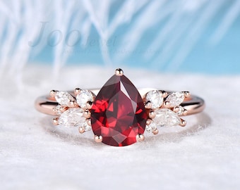 1.25ct Pear Shaped Ruby Engagement Ring 10K Rose Gold Cluster Red Gemstone Wedding Ring Vintage Unique July Birthstone Promise Rings Gifts