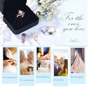 Puede incluir: Una variedad de anillos, incluyendo un anillo de compromiso de oro rosa con una piedra clara grande, y anillos con piedras esmeralda y moradas. La imagen incluye el texto "For the ones you love" y escenas para compromiso, aniversario, cumplea&ntilde;os, fiesta y banquete.