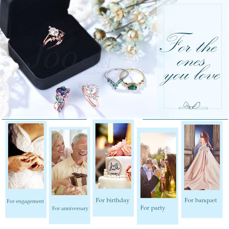 Puede incluir: Una variedad de anillos, incluyendo un anillo de compromiso de oro rosa con una piedra clara grande, y anillos con piedras esmeralda y moradas. La imagen incluye el texto "For the ones you love" y escenas para compromiso, aniversario, cumplea&ntilde;os, fiesta y banquete.