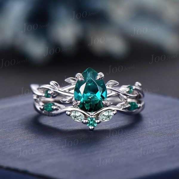 Nature Inspired Pear Shaped Green Emerald Engagement Ring Set 1.25ct Twig Branch Vine Emerald Moss Agate Wedding Band Teardrop Emerald Ring