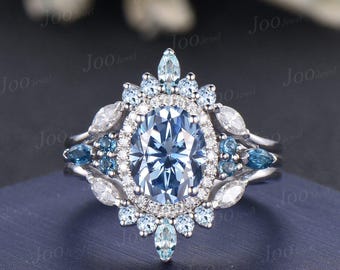 2CT Oval Blue Moissanite Topaz Halo Engagement Ring , 3pcs Soldered Bridal Set, White Gold Aquamarine Moissanite Stacking Wedding Ring Women