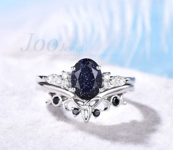 1.5ct Oval Starry Sky Blue Sandstone Engagement Ring Set 14K White