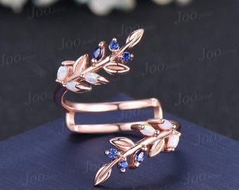 Vintage Opal Blue Sapphire Leaf Bypass Enhancer Wedding Band Art Deco Wraps Ring Solid 14k Rose Gold Cluster Double Wedding Band for Women