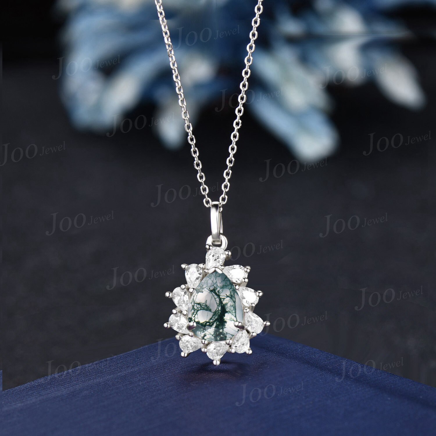 天然ペアグリーンモスアゲートネックレス シルバー/ソリッド 14k/18k