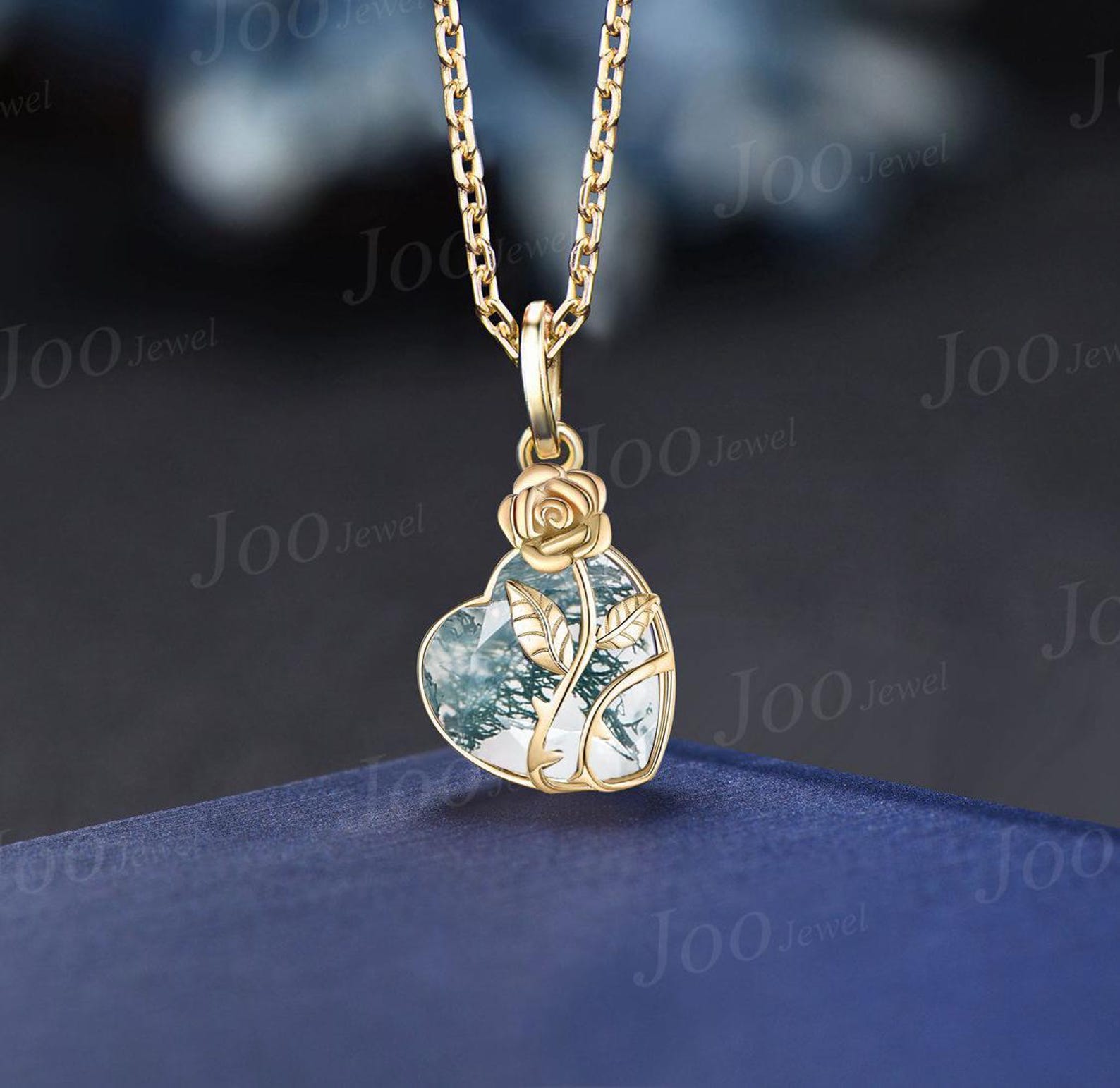 Rose Flower Family Tree Pendant Necklace Heart Shape Natural Moss Agate ...