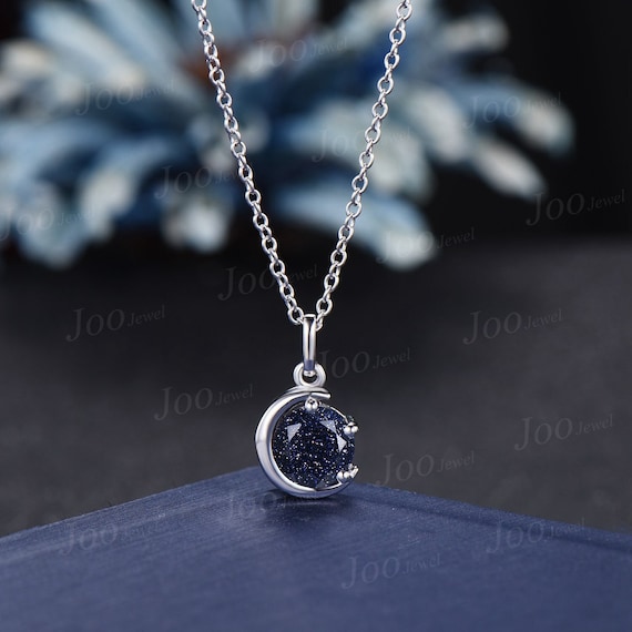 Dainty Round Blue Sandstone Pendant Necklace Silver 14k Yellow Gold Starry Sky Blue Goldstone Wedding Necklace Unique Cresecnt Moon Necklace Etsy