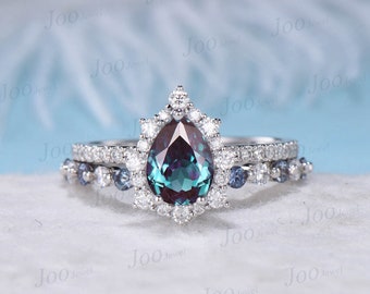 Pear Shaped Color-Change Alexandrite Wedding Bridal Ring Set 10K White Gold Half Eternity Halo Moissanite Ring June Birthstone Wedding Band