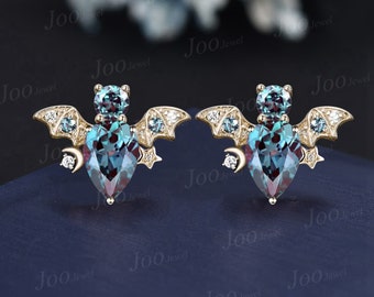 Teardrop Alexandrite Stud Earrings Solid 14k Gold Moon Star Diamond Bat Earrings Antique Gothic June Birthstone Gemstone Earrings For Women