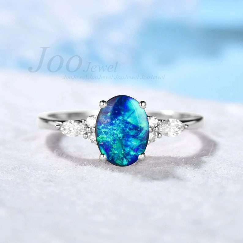 1.5ct Natural Blue Opal Engagement Ring Vintage Rose Gold Wedding Ring Unique Anniversary Gift Galaxy Blue Fire Opal Moissanite Promise Ring image 6