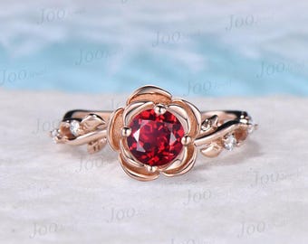 5mm Round Cut Ruby Wedding Rings 14K Rose Gold Twig Vine Leaf Red Flower Engagement Ring July Birthstone Birthday/Anniversary Gift for Women