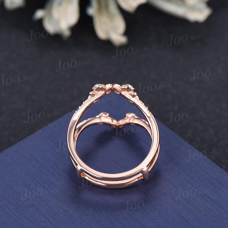 Double Curved Wedding Band 10K Solid Gold leaf Flower Enhancer Wedding Ring Guard for Women Unique Stackable Chevron Band Anniversary Gifts image 10